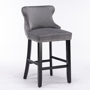 English Elm A&A Velvet Upholstered Wingback Barstools with Button Tufting, Wooden Legs & Chrome Nailhead Trim Gray W114343478