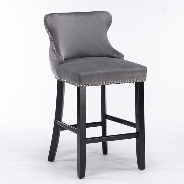 English Elm A&A Velvet Upholstered Wingback Barstools with Button Tufting, Wooden Legs & Chrome Nailhead Trim Gray W114343478