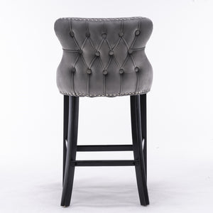 English Elm A&A Velvet Upholstered Wingback Barstools with Button Tufting, Wooden Legs & Chrome Nailhead Trim Gray W114343478