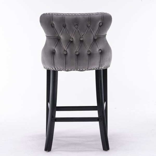 English Elm A&A Velvet Upholstered Wingback Barstools with Button Tufting, Wooden Legs & Chrome Nailhead Trim Gray W114343478