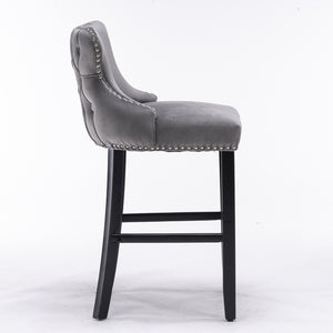 English Elm A&A Velvet Upholstered Wingback Barstools with Button Tufting, Wooden Legs & Chrome Nailhead Trim Gray W114343478