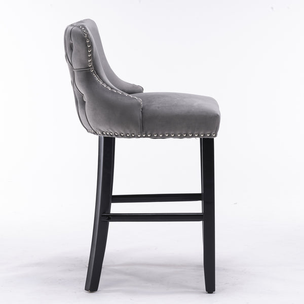 English Elm A&A Velvet Upholstered Wingback Barstools with Button Tufting, Wooden Legs & Chrome Nailhead Trim Gray W114343478