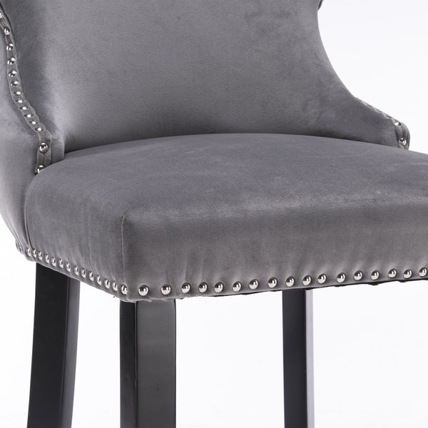 English Elm A&A Velvet Upholstered Wingback Barstools with Button Tufting, Wooden Legs & Chrome Nailhead Trim Gray W114343478