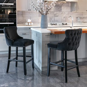 English Elm A&A Velvet Upholstered Wingback Barstools with Button Tufting, Wooden Legs & Chrome Nailhead Trim Black W114343481