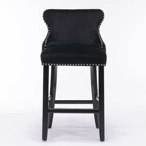 English Elm A&A Velvet Upholstered Wingback Barstools with Button Tufting, Wooden Legs & Chrome Nailhead Trim Black W114343481
