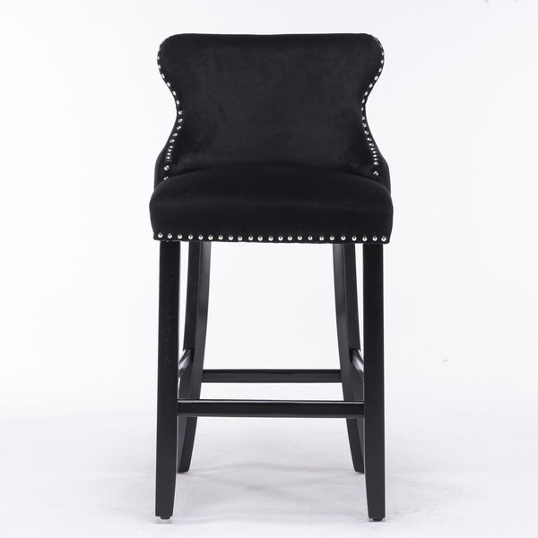 English Elm A&A Velvet Upholstered Wingback Barstools with Button Tufting, Wooden Legs & Chrome Nailhead Trim Black W114343481