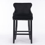 Velvet Wing-Back Barstools, Button Tufted, Wooden Legs, Chrome Nailhead Trim, Leisure Style, Set of 2 (Black)