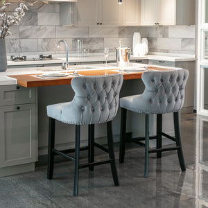 English Elm A&A Velvet Upholstered Wingback Barstools with Button Tufting, Wooden Legs & Chrome Nailhead Trim Gray W114343478