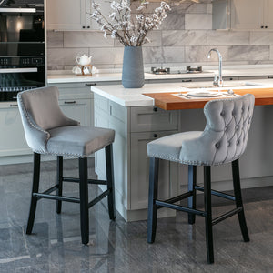English Elm A&A Velvet Upholstered Wingback Barstools with Button Tufting, Wooden Legs & Chrome Nailhead Trim Gray W114343478