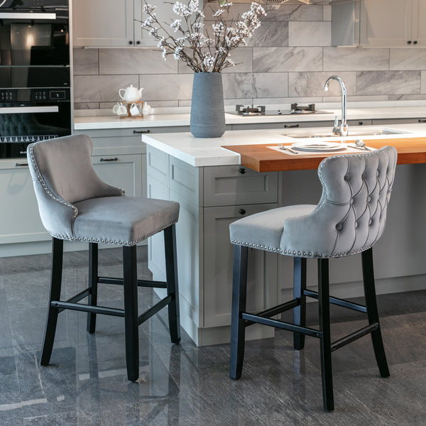 English Elm A&A Velvet Upholstered Wingback Barstools with Button Tufting, Wooden Legs & Chrome Nailhead Trim Gray W114343478