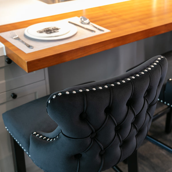 English Elm A&A Velvet Upholstered Wingback Barstools with Button Tufting, Wooden Legs & Chrome Nailhead Trim Black W114343481