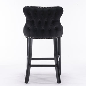 English Elm A&A Velvet Upholstered Wingback Barstools with Button Tufting, Wooden Legs & Chrome Nailhead Trim Black W114343481
