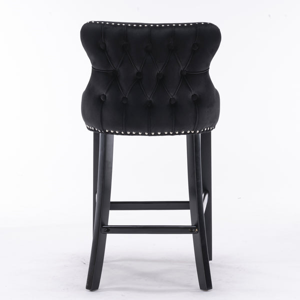 English Elm A&A Velvet Upholstered Wingback Barstools with Button Tufting, Wooden Legs & Chrome Nailhead Trim Black W114343481