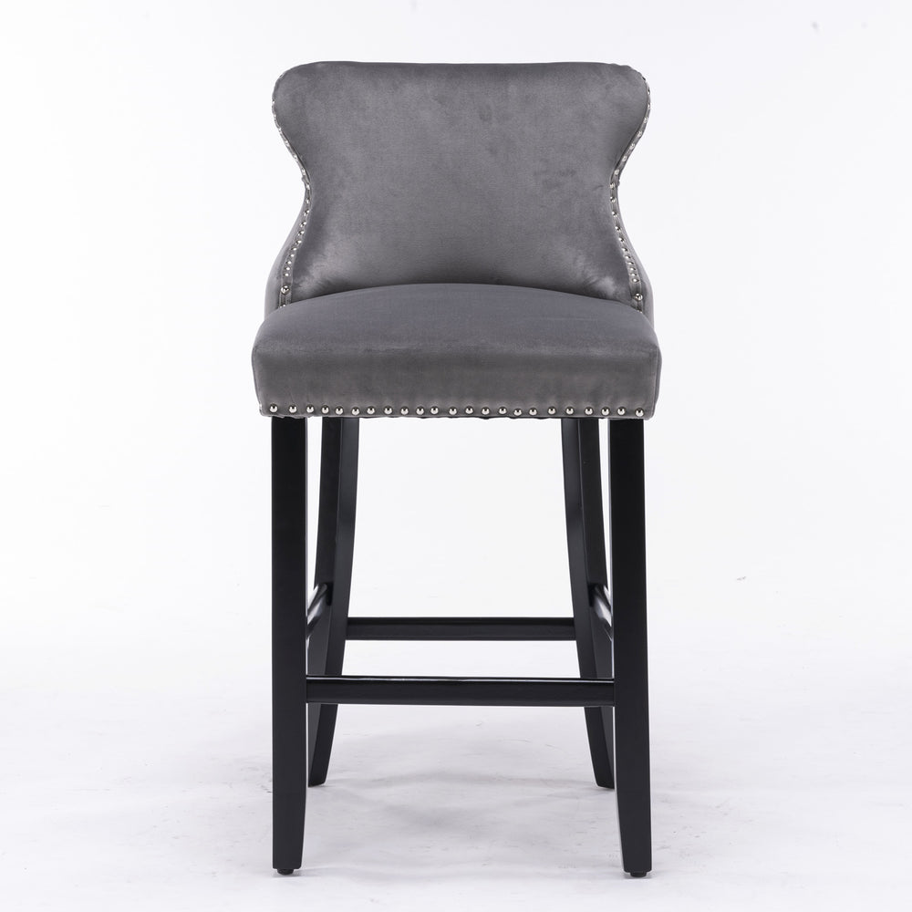 English Elm A&A Velvet Upholstered Wingback Barstools with Button Tufting, Wooden Legs & Chrome Nailhead Trim Gray W114343478