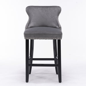 English Elm A&A Velvet Upholstered Wingback Barstools with Button Tufting, Wooden Legs & Chrome Nailhead Trim Gray W114343478