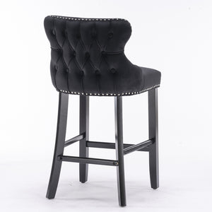 English Elm A&A Velvet Upholstered Wingback Barstools with Button Tufting, Wooden Legs & Chrome Nailhead Trim Black W114343481