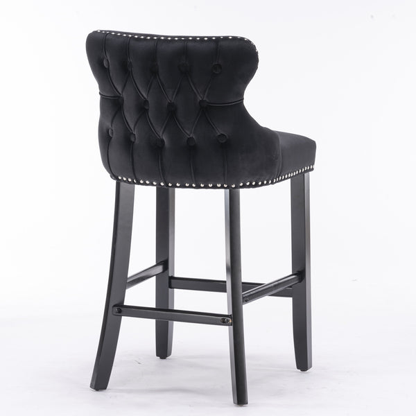 English Elm A&A Velvet Upholstered Wingback Barstools with Button Tufting, Wooden Legs & Chrome Nailhead Trim Black W114343481