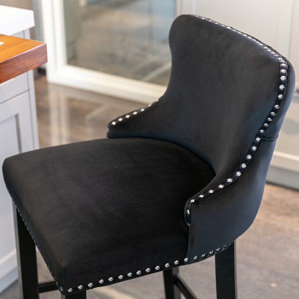 English Elm A&A Velvet Upholstered Wingback Barstools with Button Tufting, Wooden Legs & Chrome Nailhead Trim Black W114343481