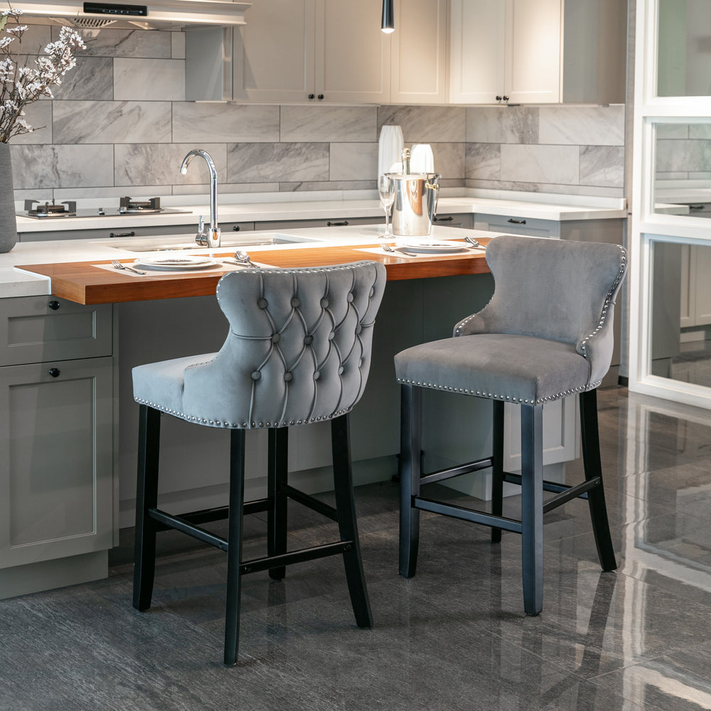 English Elm A&A Velvet Upholstered Wingback Barstools with Button Tufting, Wooden Legs & Chrome Nailhead Trim Gray W114343478