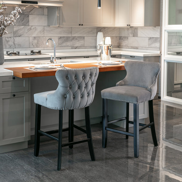 English Elm A&A Velvet Upholstered Wingback Barstools with Button Tufting, Wooden Legs & Chrome Nailhead Trim Gray W114343478