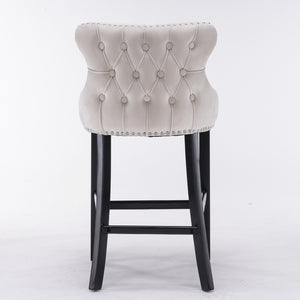 English Elm A&A Velvet Upholstered Wingback Barstools with Button Tufting, Wooden Legs & Chrome Nailhead Trim Beige W114343480