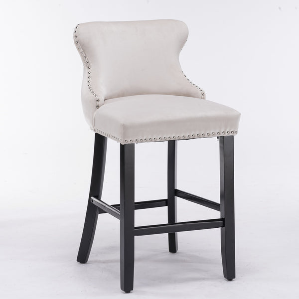 English Elm A&A Velvet Upholstered Wing-Back Barstools with Button Tufting, Chrome Nailhead Trim & Solid Wood Legs Beige W114343480