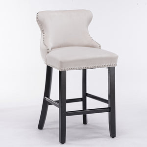 English Elm A&A Velvet Upholstered Wingback Barstools with Button Tufting, Wooden Legs & Chrome Nailhead Trim Beige W114343480
