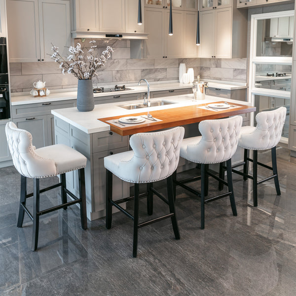 English Elm A&A Velvet Upholstered Wing-Back Barstools with Button Tufting, Chrome Nailhead Trim & Solid Wood Legs Beige W114343480