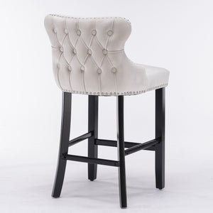English Elm A&A Velvet Upholstered Wingback Barstools with Button Tufting, Wooden Legs & Chrome Nailhead Trim Beige W114343480