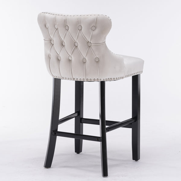 English Elm A&A Velvet Upholstered Wingback Barstools with Button Tufting, Wooden Legs & Chrome Nailhead Trim Beige W114343480
