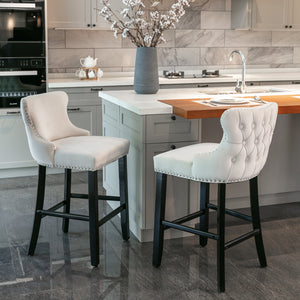 English Elm A&A Velvet Upholstered Wingback Barstools with Button Tufting, Wooden Legs & Chrome Nailhead Trim Beige W114343480
