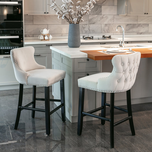 English Elm A&A Velvet Upholstered Wingback Barstools with Button Tufting, Wooden Legs & Chrome Nailhead Trim Beige W114343480