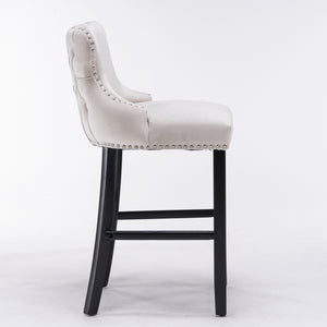 English Elm A&A Velvet Upholstered Wingback Barstools with Button Tufting, Wooden Legs & Chrome Nailhead Trim Beige W114343480