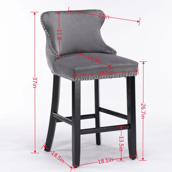 English Elm A&A Velvet Upholstered Wingback Barstools with Button Tufting, Wooden Legs & Chrome Nailhead Trim Black W114343481