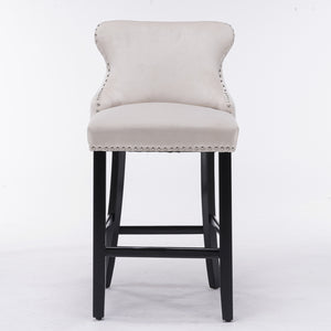 English Elm A&A Velvet Upholstered Wingback Barstools with Button Tufting, Wooden Legs & Chrome Nailhead Trim Beige W114343480