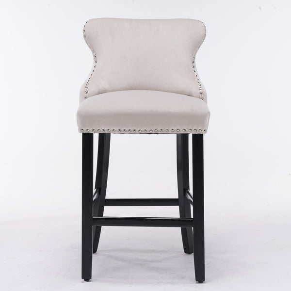 English Elm A&A Velvet Upholstered Wingback Barstools with Button Tufting, Wooden Legs & Chrome Nailhead Trim Beige W114343480
