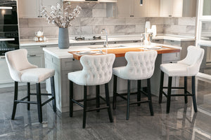English Elm A&A Velvet Upholstered Wingback Barstools with Button Tufting, Wooden Legs & Chrome Nailhead Trim Beige W114343480