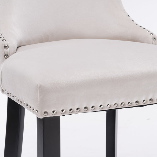 English Elm A&A Velvet Upholstered Wingback Barstools with Button Tufting, Wooden Legs & Chrome Nailhead Trim Beige W114343480