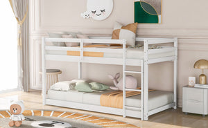 English Elm Twin Solid Pine Twin Over Twin Floor Bunk Bed with Ladder and Guardrail, Space-Saving Low Profile Design White WF293017AAK