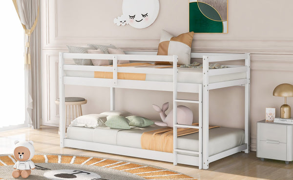 English Elm Twin Solid Pine Twin Over Twin Floor Bunk Bed with Ladder and Guardrail, Space-Saving Low Profile Design White WF293017AAK