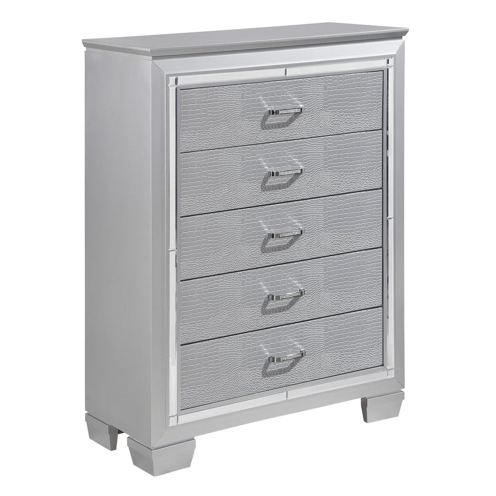 English Elm Glamourous Silver Finish Chest with 5 Dovetail Drawers, Alligator Embossed Fronts & Mirror Trim B01156436