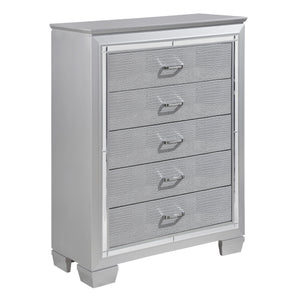 English Elm Glamourous Silver Finish Chest with 5 Dovetail Drawers, Alligator Embossed Fronts & Mirror Trim B01156436