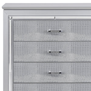 English Elm Glamourous Silver Finish Chest with 5 Dovetail Drawers, Alligator Embossed Fronts & Mirror Trim B01156436