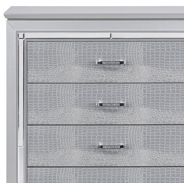 English Elm Glamourous Silver Finish Chest with 5 Dovetail Drawers, Alligator Embossed Fronts & Mirror Trim B01156436