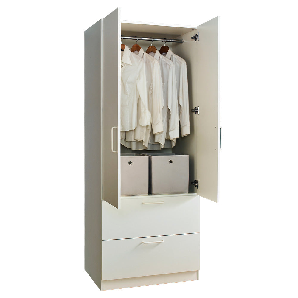 English Elm Emma Two-Door Wood Closet in White with Deep Drawers, Hanging Bars, Water/Heat Resistant Finish B040S00007