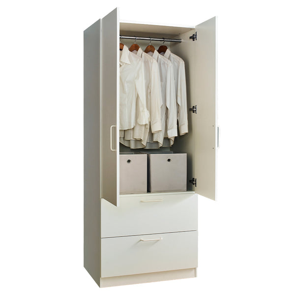 English Elm Emma Two-Door Wood Closet in White with Deep Drawers, Hanging Bars, Water/Heat Resistant Finish B040S00007