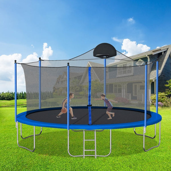 English Elm 14ft Backyard Trampoline with Basketball Hoop Safety Enclosure Net and Steel Ladder W28552056