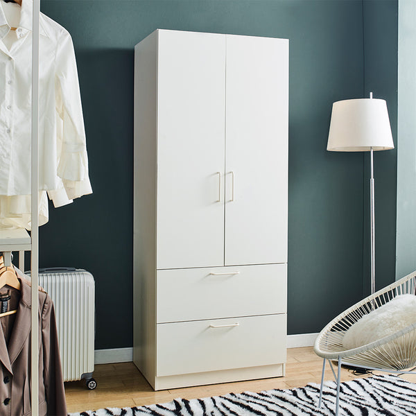 English Elm Emma Two-Door Wood Closet in White with Deep Drawers, Hanging Bars, Water/Heat Resistant Finish B040S00007