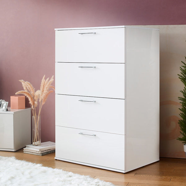 English Elm Bliss Glossy Four-Drawer Jumbo Chest with Full Extension Slides, Water & Scratch Resistant Elegance White B040S00004