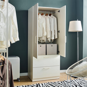 English Elm Emma Two-Door Wood Closet in White with Deep Drawers, Hanging Bars, Water/Heat Resistant Finish B040S00007